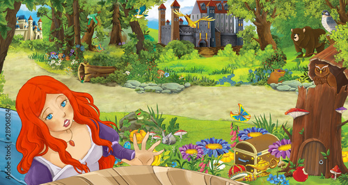 Fototapeta Naklejka Na Ścianę i Meble -  cartoon scene with young girl princess in the forest near some castles in the forest - illustration for children