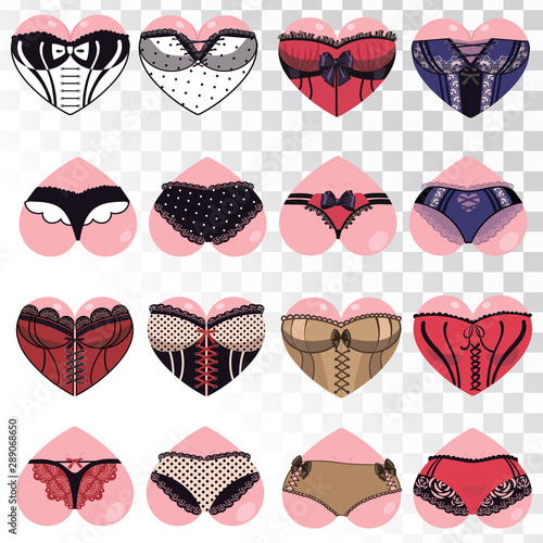 Set of hearts for St. Valentine's Day. Collection of hearts in the form of buttocks and boobs of a woman. Girlish ass in underwear. Erotic vector Illustration.