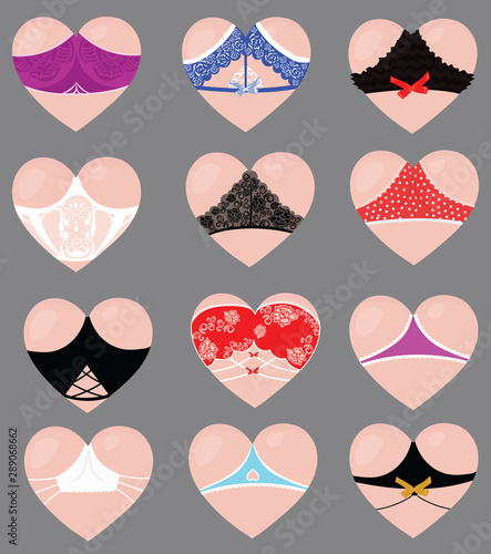Set of hearts for St. Valentine's Day. Collection of hearts in the form of buttocks and boobs of a woman. Girlish ass in underwear. Erotic vector Illustration.