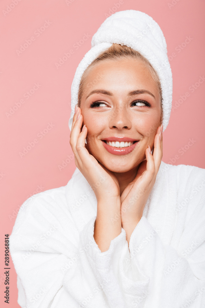 Arttractive young woman wearing bathrobe and towel Arttractive young woman wearing bathrobe and towel
