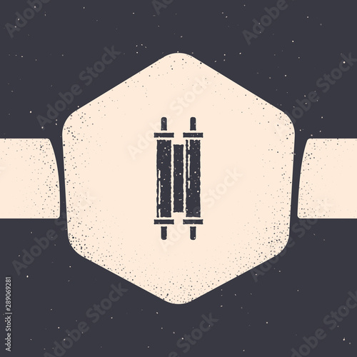 Grunge Torah scroll icon isolated on grey background. Jewish Torah in expanded form. Star of David symbol. Old parchment scroll. Monochrome vintage drawing. Vector Illustration