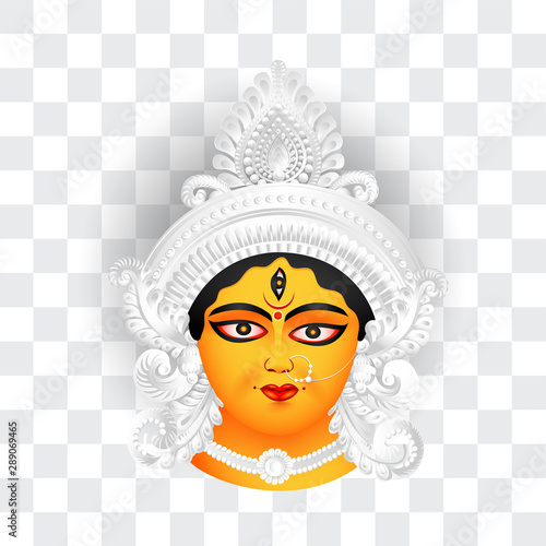 Beautiful maa durga face illustration for indian festival shubh navratri and durga puja on PNG background.