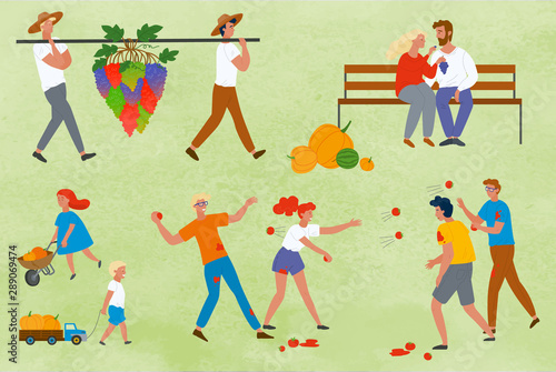 Smiling people carrying grapes, man and woman sitting on bench, throwing tomatoes game, kids with pumpkin. Harvest festival in Europe, vegetable. Funny spending time on harvest festival. Flat cartoon