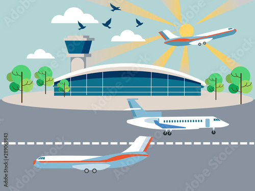 Airport, air transport. Building and airplanes. In minimalist style. Cartoon flat vector