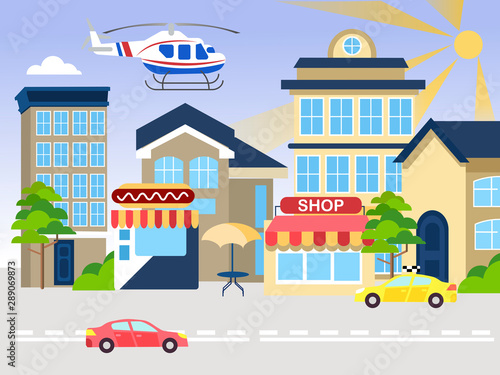 Big city, with an industrial center. In minimalist style. Cartoon flat vector