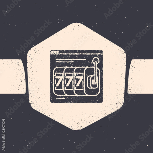 Grunge Online slot machine with lucky sevens jackpot icon isolated on grey background. Online casino. Monochrome vintage drawing. Vector Illustration