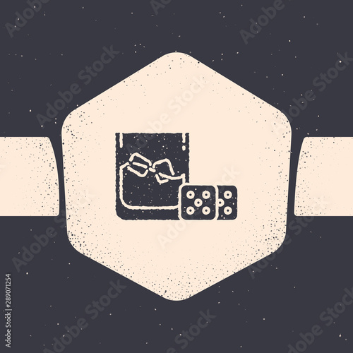 Grunge Game dice and glass of whiskey with ice cubes icon isolated on grey background. Casino gambling. Monochrome vintage drawing. Vector Illustration