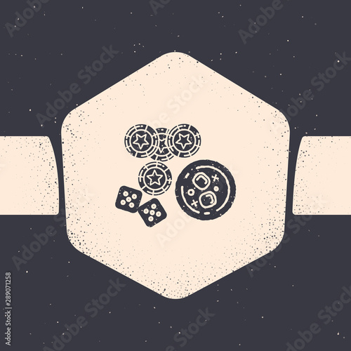 Grunge Casino chips, game dice and glass of whiskey with ice cubes icon isolated on grey background. Casino poker. Monochrome vintage drawing. Vector Illustration