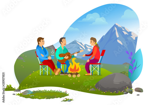 Company of young people at picnic roasting marshmallows on fire, playing guitar and singing. Mountain landscape, hiking and recreation vector illustration. Mountain tourism. Flat cartoon