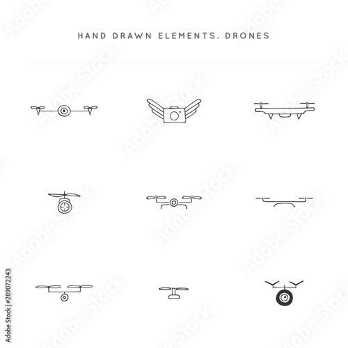 Set of vector icons. Hand drawn camera drones. Aerial photography.