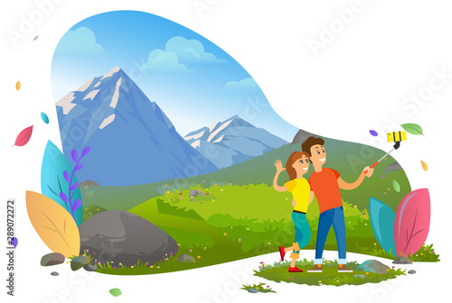 Young people taking photo with selfie stick and mountain view on background. Couple of tourists hiking, beautiful landscape, recreation vector illustration. Mountain tourism. Flat cartoon