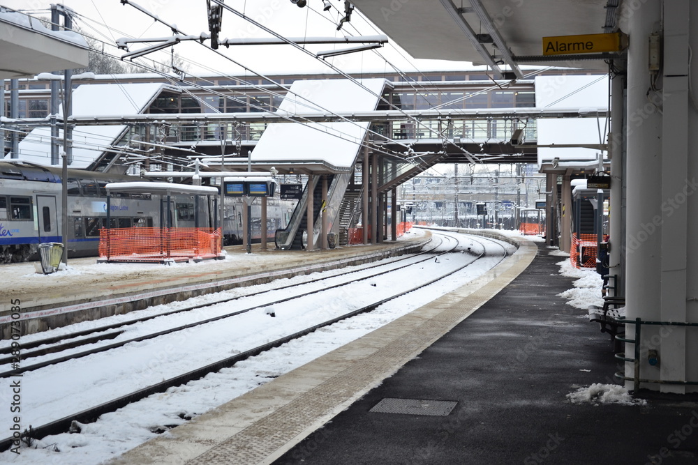 Naklejka premium View of the train station of Versailles chantiers, february 2018 8th. The presence of snow was very uncommon in this city.