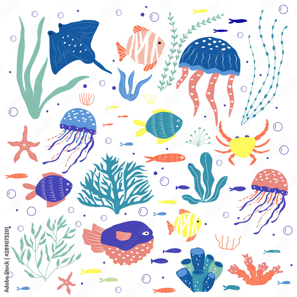 Underwater creatures  fish, jellyfish, crab, clownfish, seaplants and corals, set with marine animals for fabric, textile, wallpaper, nursery decor, prints, childish background. Vector