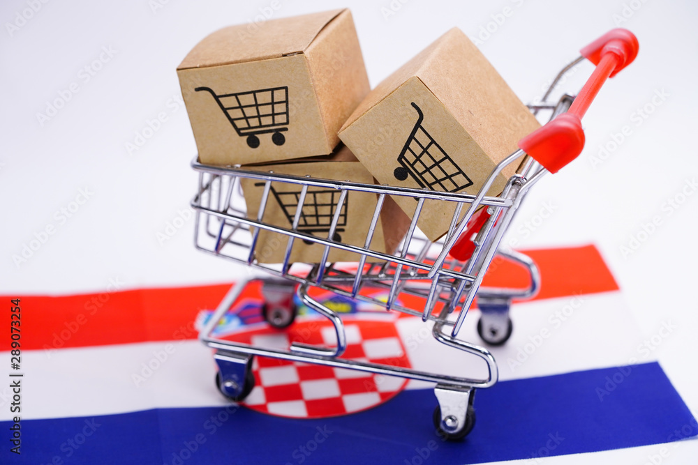 Box with shopping cart logo and Croatia flag : Import Export Shopping online or eCommerce finance delivery service store product shipping, trade, supplier concept..