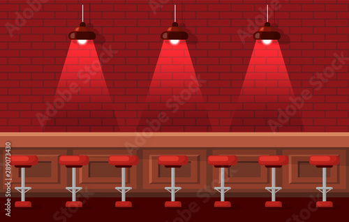 Interior of empty bar vector, drinking establishment for people. Cozy place to drink, red lights from lamp, wooden table and barstools pub flat style