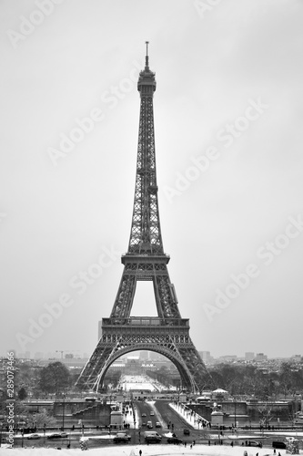 Paris, France - February 8th 2018 . Eiffel tower under snow. Snow is pretty rare in Paris. You can also see the flood of the river La Seine, happening in the same time.