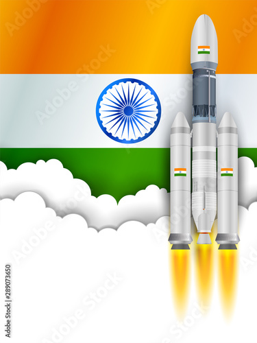 illustration of Chandrayaan rocket mission launched by India with tricolor Indian flag