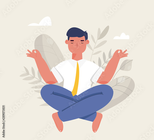 Businessman meditation in office. Man doing yoga. The concept of relaxing in lotus position. Calm at work, Stress relief. Vector illustration in cartoon style