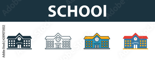 School icon set. Four elements in diferent styles from school icons collection. Creative school icons filled, outline, colored and flat symbols
