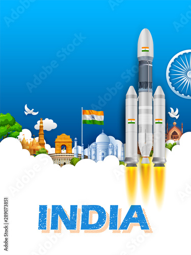illustration of Chandrayaan rocket mission launched by India on Famous Indian monument and Landmark background