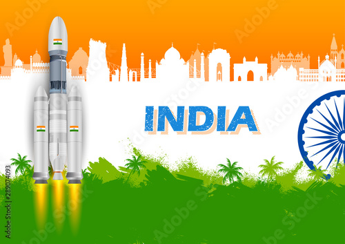 illustration of Chandrayaan rocket mission launched by India on Famous Indian monument and Landmark background photo