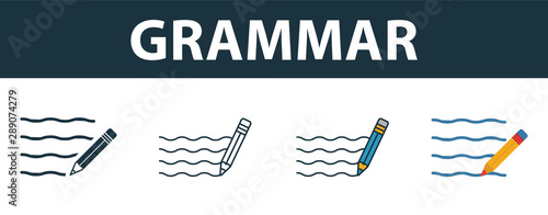 Grammar icon set. Four elements in diferent styles from school icons collection. Creative grammar icons filled, outline, colored and flat symbols