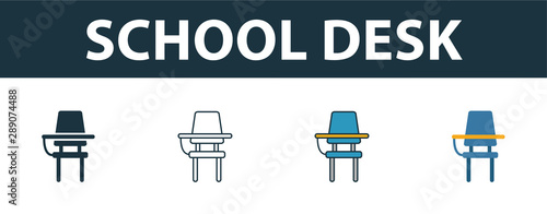 School Desk icon set. Four elements in diferent styles from school icons collection. Creative school desk icons filled, outline, colored and flat symbols