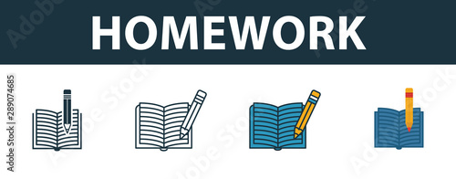 Homework icon set. Four elements in diferent styles from school icons collection. Creative homework icons filled, outline, colored and flat symbols