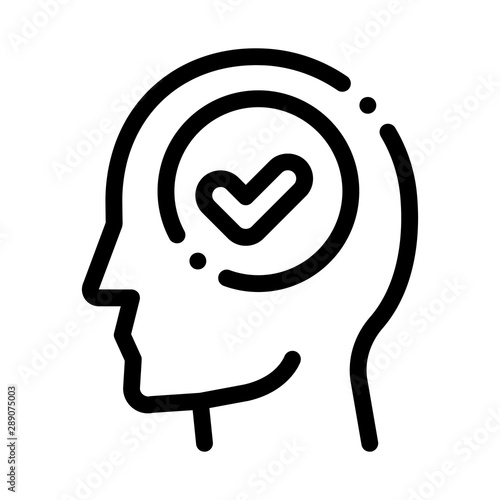 Approved Mark In Man Silhouette Mind Vector Icon Thin Line. Gear And Brain, Heart And Shield, Padlock And Coin Concept Linear Pictogram. Black And White Template Contour Illustration