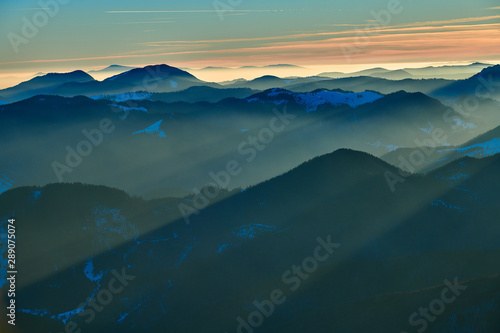 Aerial Landscape view from Ceahlău Mountains National Park at sunset in winter season,Sunset in Ceahlau Mountains © DannyIacob