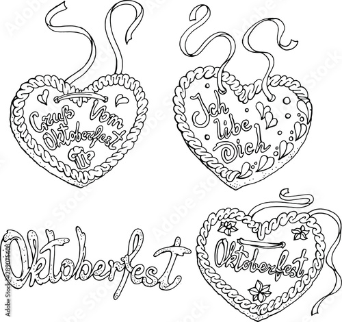 Vector set with traditional Nuremberg gingerbread. Elements for October fest design. Black and white line art