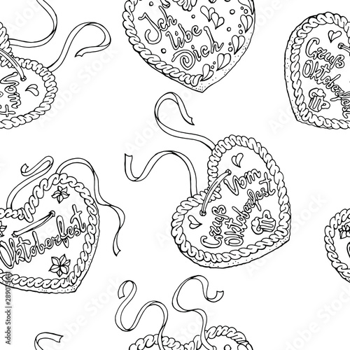 Vector seamless pattern with traditional Nuremberg gingerbread.  October fest design. Line art
