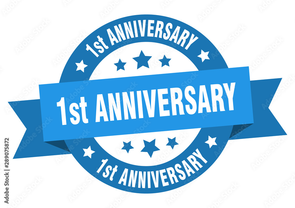 Fototapeta premium 1st anniversary ribbon. 1st anniversary round blue sign. 1st anniversary
