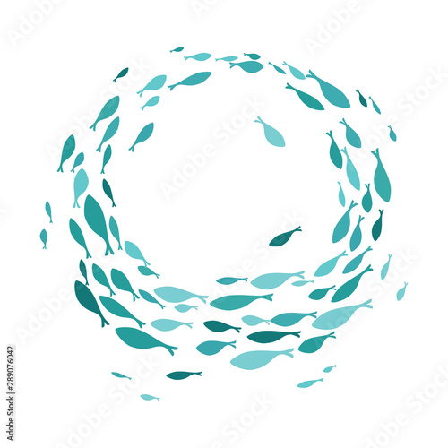 Colored silhouettes school of fish. A group of silhouette fish swim in a circle. Marine life. Vector illustration. Logo fishes.