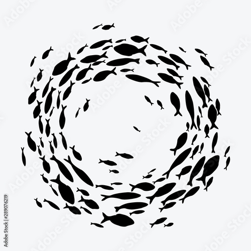 School of fish. A group of silhouette fish swim in a circle. Marine life. Vector illustration. Tattoo. Logo fishes.