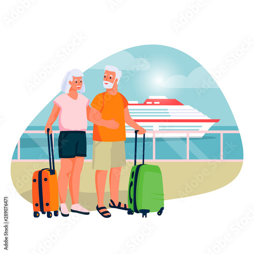 Elderly couple going to sea cruise by ship. Vector flat cartoon illustration of tourism vacation for seniors, pensioners