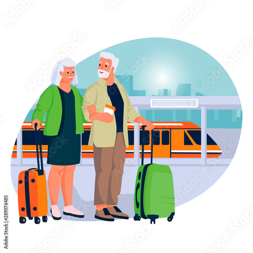 Elderly couple travel by train. Vector flat cartoon illustration of tourism and vacation for seniors and pensioners.