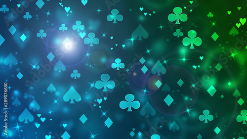 Poker abstract casino bokeh pattern of chaotic playing cards icons in space.