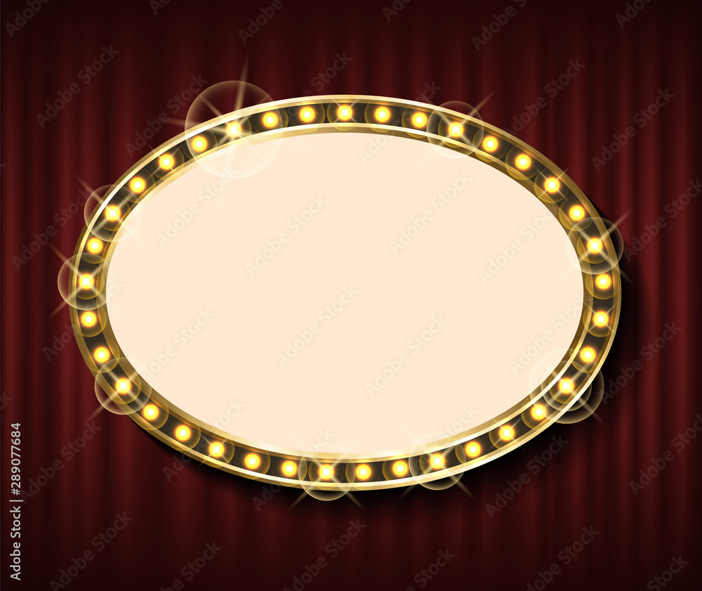 Blank frame with glowing bulbs vector, banner for writing text vector. Form with glittering, luxurious table rounded shape of framing for inscription. Red curtain theater background