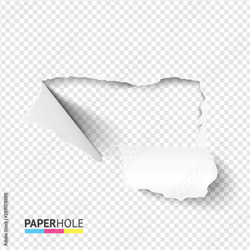 Blank rip edge torn paper hole banner with bent cardboard pieces on transparent background for message reveal concepts.