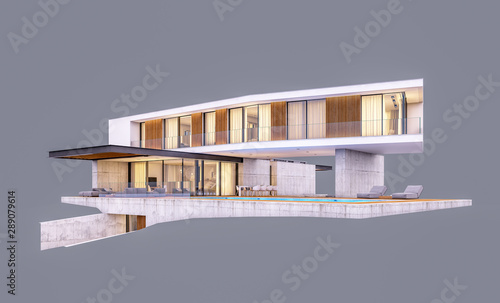 3d rendering of modern cozy house on the hill with garage and pool for sale or rent in evening with cozy light from window. Isolated on gray