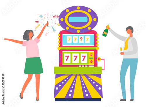 Happy couple celebrating jackpot in casino vector, man and woman drinking champagne. Lady with confetti dancing by slot machine showing numbers 777. Family win money in slot mashine. Flat cartoon