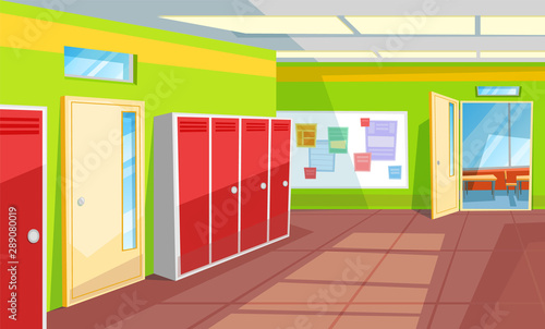 Hallway with lockers and tables with info vector, classroom with open doors. Interior of school corridor and rooms, view from inside 3d isometric. Back to school concept. Flat cartoon