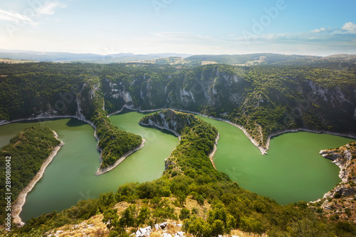 Meanders of the Uvac River, Serbia. Beautiful summer top view of the Uvac River canyon meanders, Serbia photo