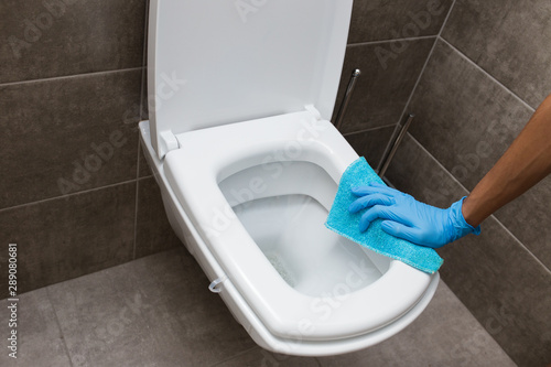Cleaning the toilet room, a hand in a blue glove washes the toilet. Close-up