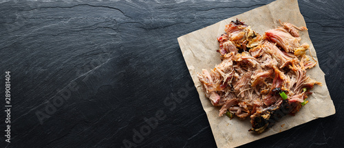 american texas bbq - smoked puilled pork in top down composition with copyspace