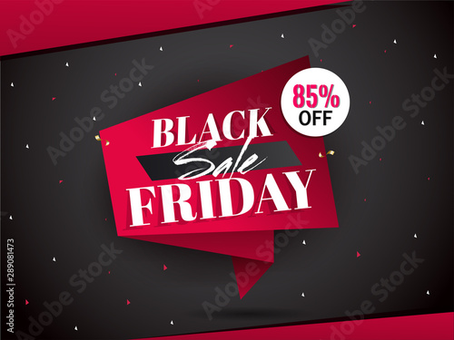 Black Friday Sale tag or ribbon with 85% discount offer on black and red background decorated with confetti.