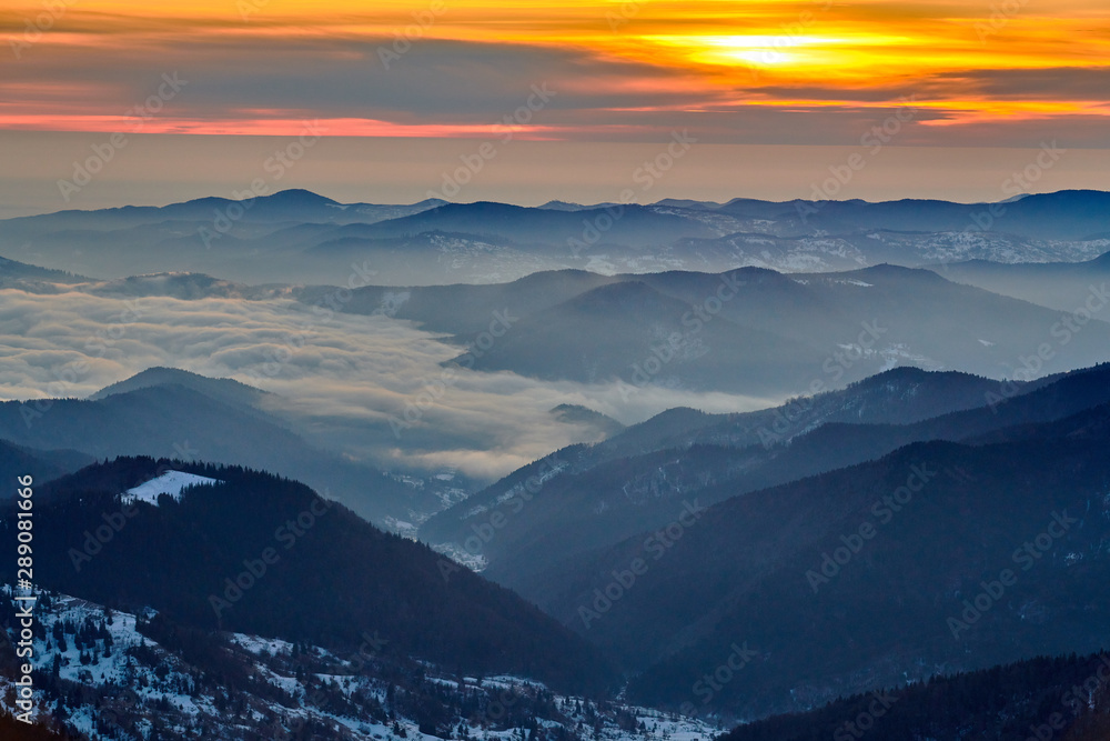 Amazing sunrise view from Ceahlău Mountains National in winter season, Winter Landscape in National Park Ceahlau