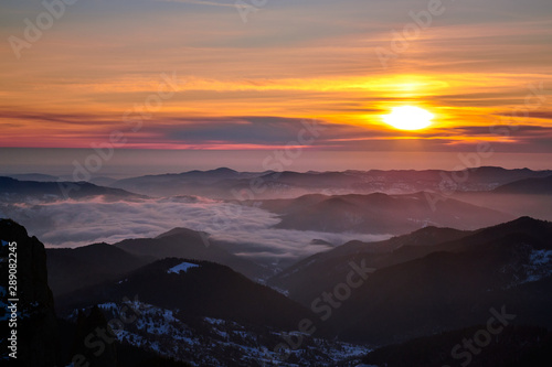 Amazing sunrise view from Ceahlău Mountains National in winter season, Winter Landscape in National Park Ceahlau © DannyIacob