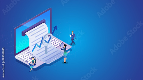 Online report from laptop with magnifying glass and working people analysis on blue background for Company growth or success concept based isometric design.